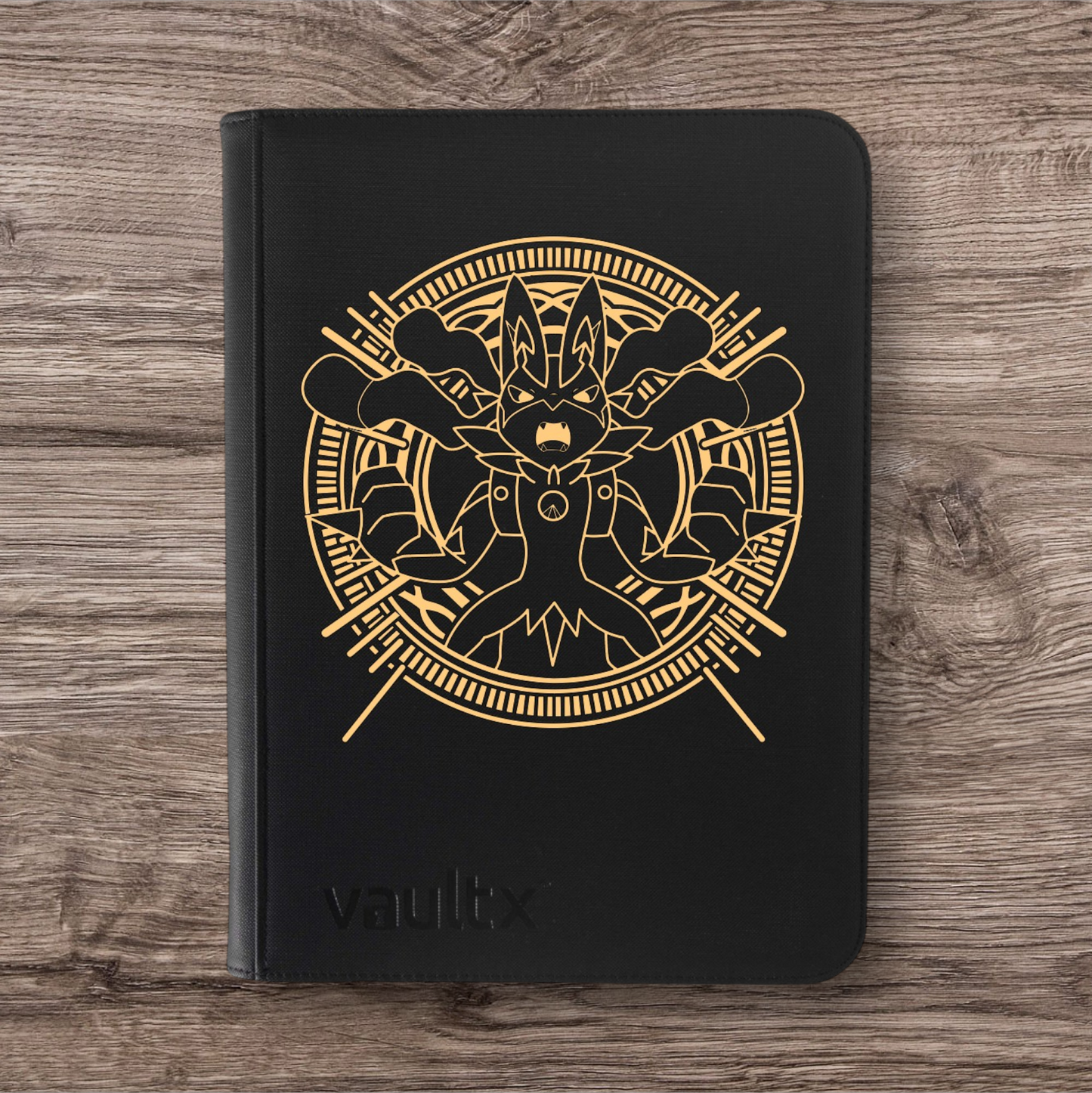 Custom Made Vault X 4 Pocket Black & Gold Edition Zip Binder / Folder for TCG collection – Mega Lucario