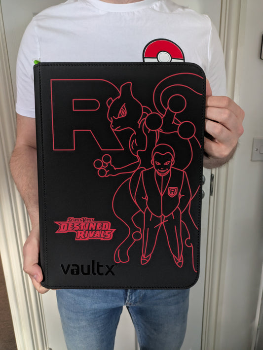 Custom Made Vault X 9 Pocket Black Zip Binder / Folder for TCG collection – Destined Rivals Mewtwo & Giovanni Edition