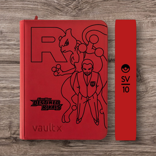 Custom Made Vault X 9 Pocket Red Zip Binder / Folder for TCG collection – Destined Rivals Mewtwo & Giovanni Edition