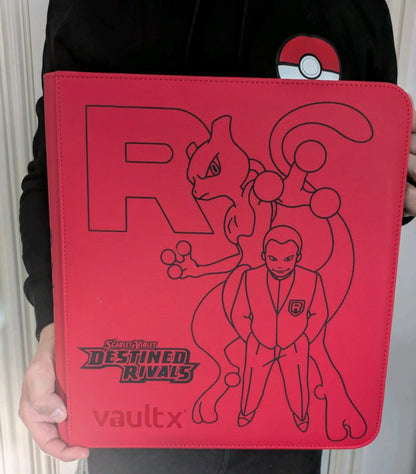 Custom Made Vault X 12 Pocket Red Zip Binder / Folder for TCG collection – Destined Rivals Mewtwo & Giovanni Edition