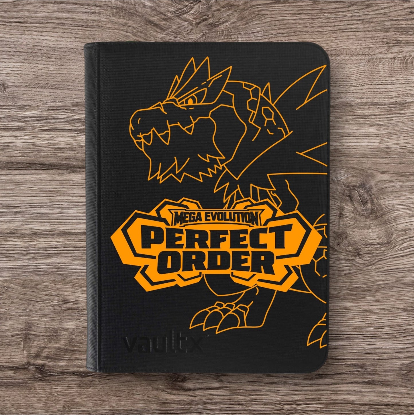 Custom Made Vault X 9 Pocket Black & Orange Edition Zip Binder / Folder for TCG collection – Perfect Order Tyrantrum