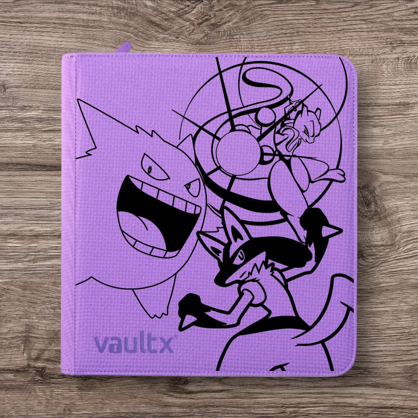 Custom Made Vault X 12 Pocket Purple Zip Binder / Folder for TCG collection – Gengar, Mewtwo & Lucario